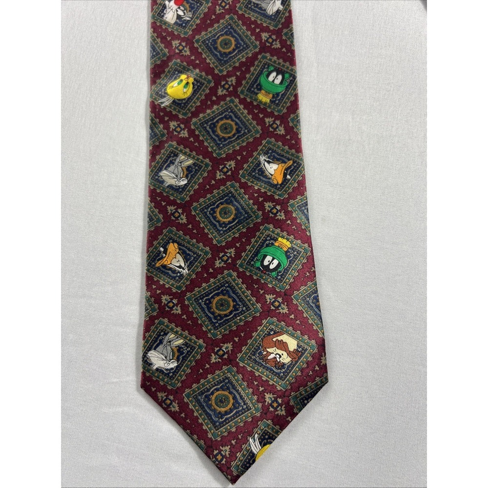Sky Star Looney Tunes Silk Tie Bugs Bunny Marvin the Martian Burgundy Geometric - Picture 1 of 7